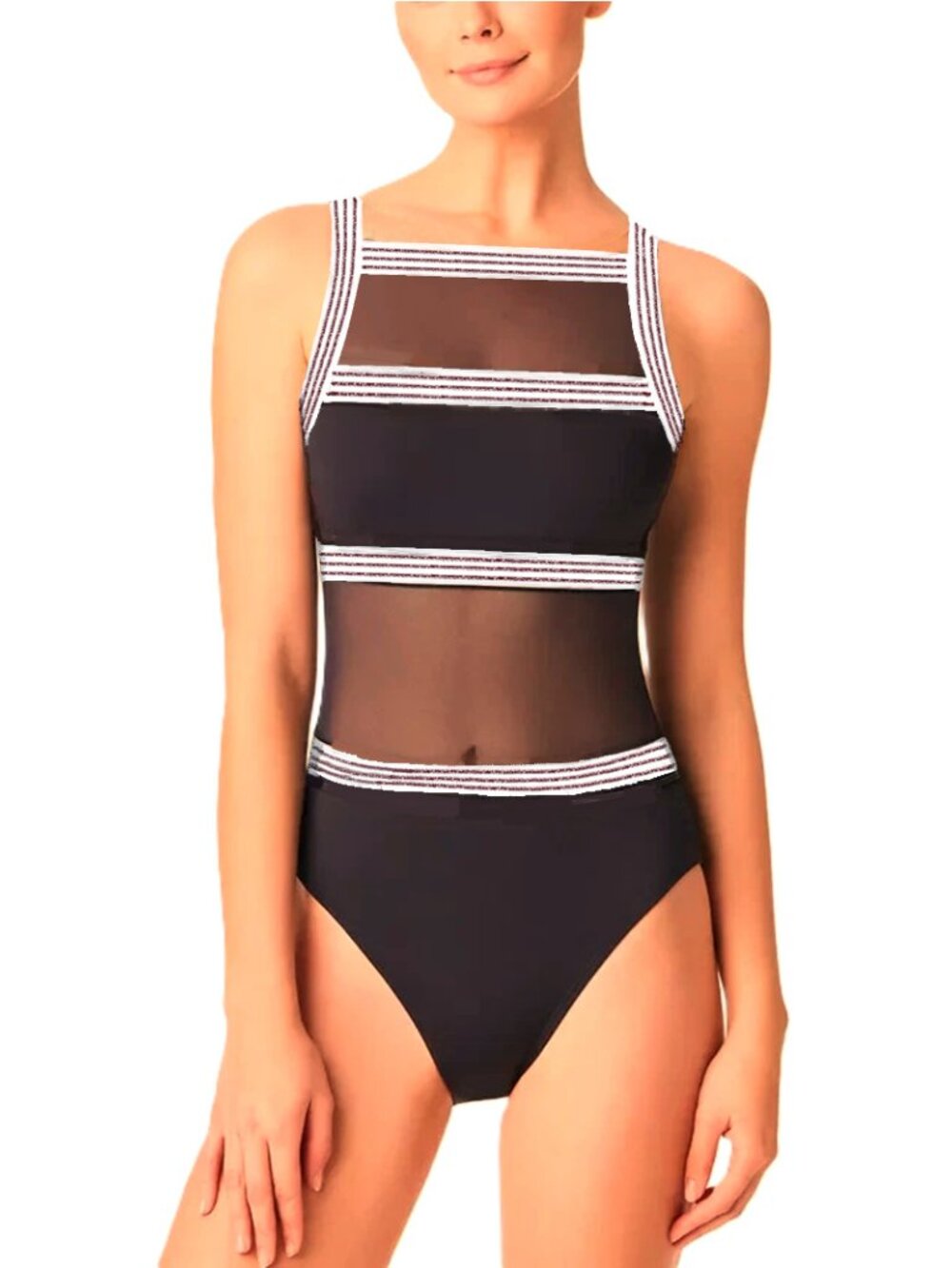 ANNE COLE Mesh Illusion One-piece Swimsuit Sz 8 Chocolate/White